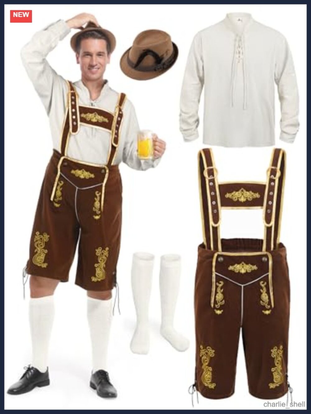 Men's Bavarian Lederhosen Oktoberfest Costume Outfit Set with Shirt & Hat